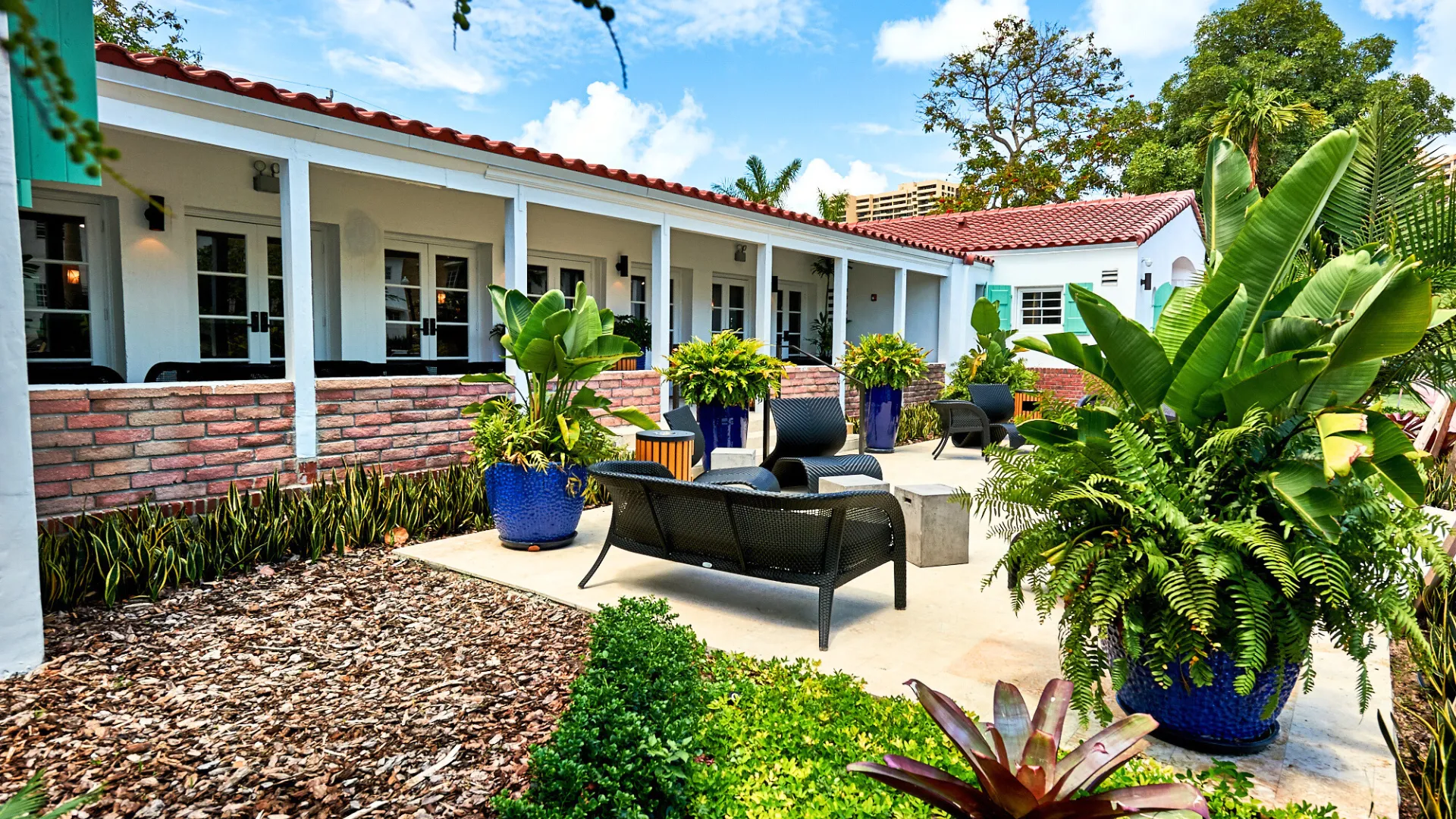 A sunny outdoor patio with black seating, surrounded by lush green plants in blue pots, in front of a white building with a red tile roof and large windows. Blue sky and trees are visible in the background.